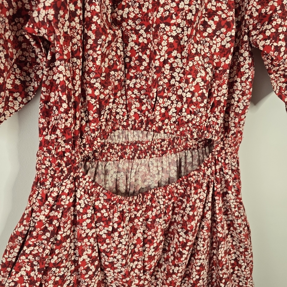 Apiece Apart Nova Red Floral Midi Dress M Organic Cotton Cut Out Back Pockets - Picture 11 of 16
